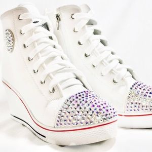 White Canvas High Top Wedge Rhinestone Lace Up High Heel Sneakers  Size 9,10
